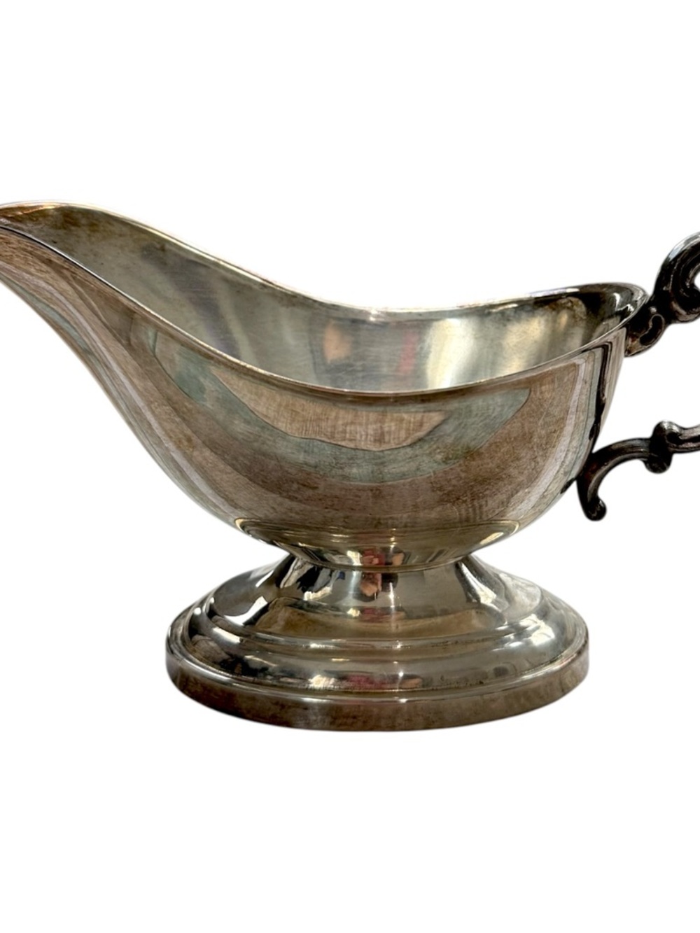 Vintage Silver Plated Gravy Boat Pedestal Sauce Boat Ornate Handle Decor Dish
